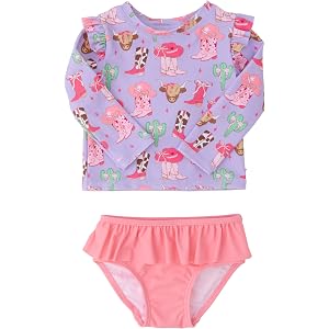 RuffleButts Baby Girls Modern Skirted Rash Guard Bikini - UPF 50+ Sun Protection Swimsuit