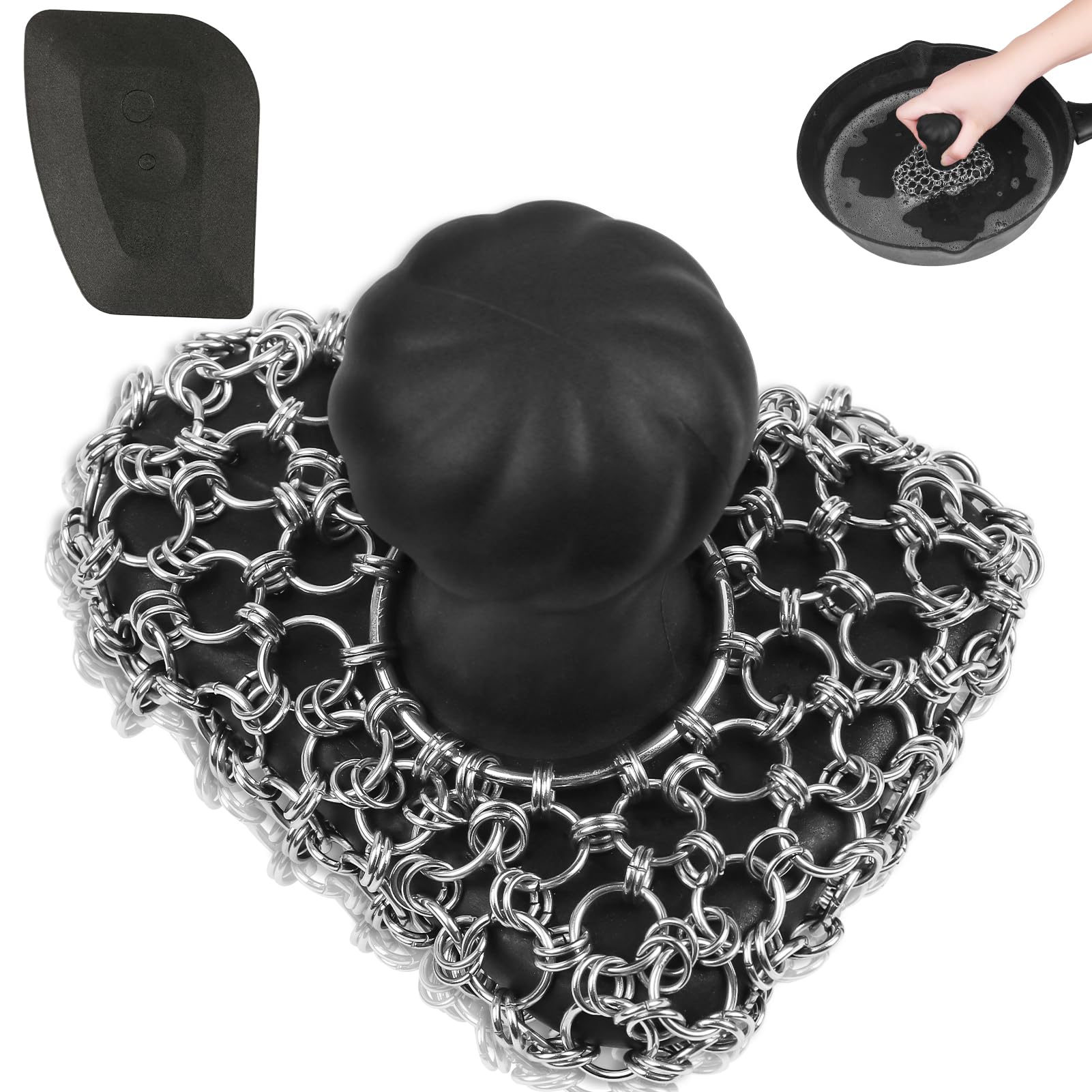 Cast Iron Scrubber with Handle 316 Dish Cast Cleaner Chainmail Scrubber for Pan Skillet Iron Scrub Brush Steel Wool Scrubber Cleaning Kit (1 Scrub + 1 Scraper)