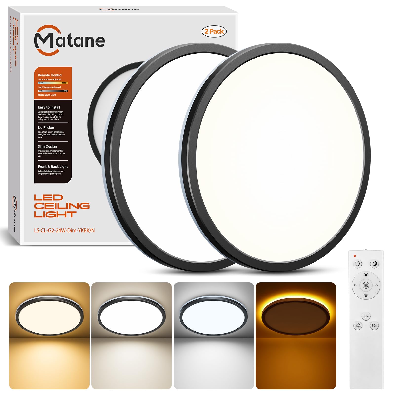 Matane 2Pack 12in LED Flush Mount Ceiling Light Fixture with Remote Control, Nightlight 2000K Warm, 3000K-6500K Adjustable, Low Profile Ceiling Lights for Bedroom, Kitchen, Living Room, Black Image