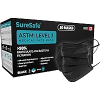 SureSafe 50 PCS ASTM Level-3 Masks Disposable, Black face mask, Medical mask, Disposable Masks with Earloops, dust mask