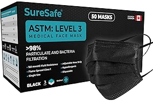 SureSafe 50 PCS ASTM Level-3 Masks Disposable, Black face mask, Medical mask, Disposable Masks with Earloops, dust mask