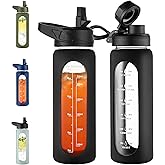 CIVAGO 24 oz Glass Water Bottle with Straw and Handle, Large Sports Motivational Water Bottle Flask with Time Marker and 2 Lids, Leakproof Jug Canteen with Silicone Sleeve for Gym, Black