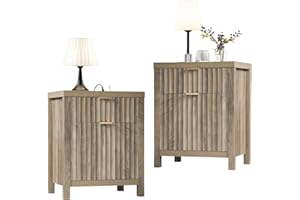 OAKHAM HOME Oxford 2 Drawer Nightstand, End Table with Charging Station, Night Stand with Fluted Panel, Farmhouse Sofa/Bed Side Table Set of 2 (Sunwashed Ash Oak)