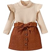 AMAWMW Toddler Baby Girl Fall Winter Clothes Long Sleeve Ruffle Shirt Corduroy Mini Skirt Infant Girl A-line Dress