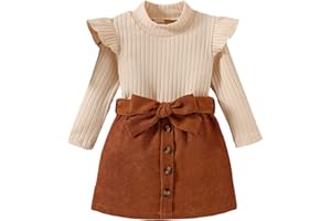 AMAWMW Toddler Baby Girl Fall Winter Clothes Long Sleeve Ruffle Shirt Corduroy Mini Skirt Infant Girl A-line Dress