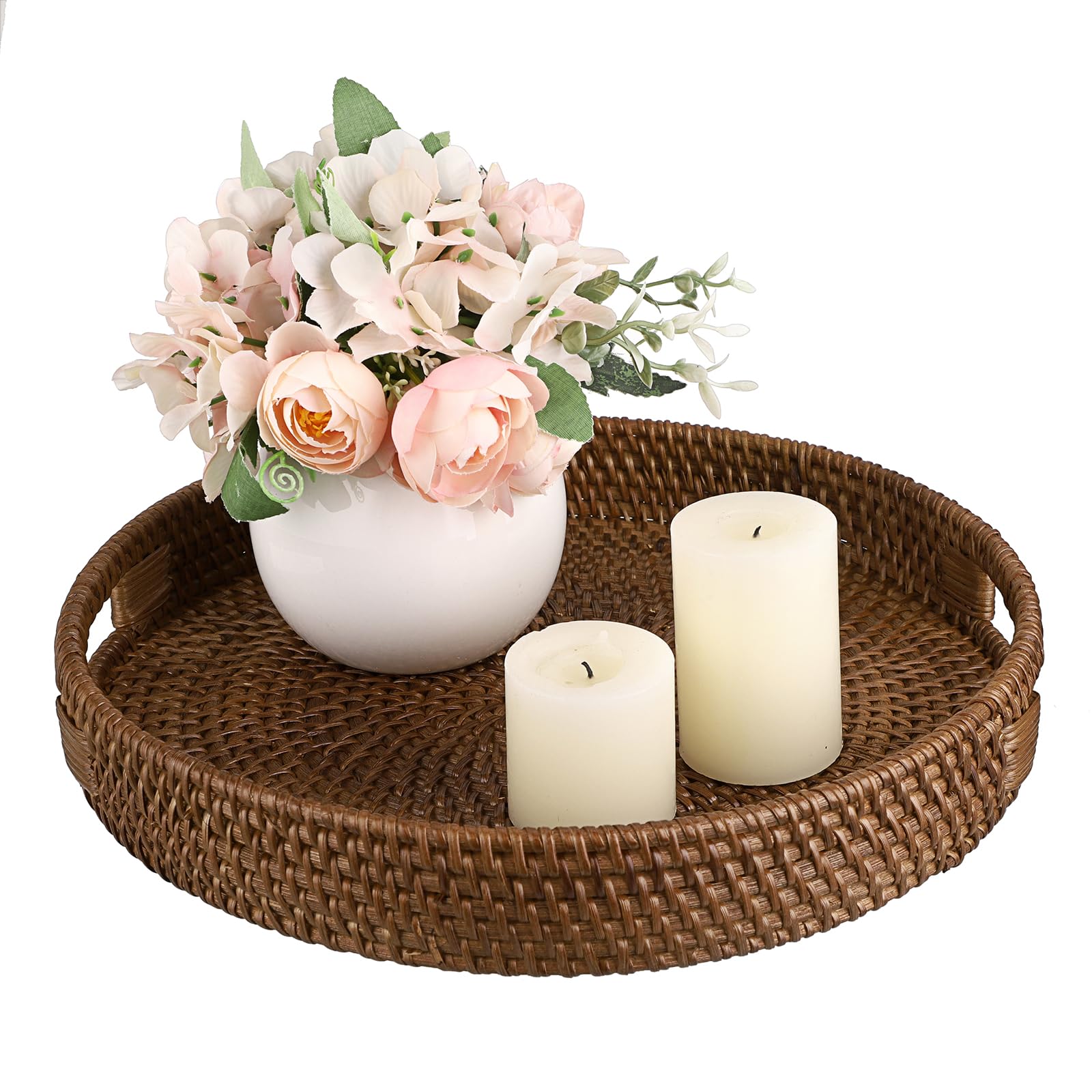 IGNPION Rattan Serving Tray 30cm Decorative Display Trays Table Storage Tray with Handle Desktop Organiser Trays for Tableware,Makeup,Vanity,Jewelry,Candle, Ornament(Brown)