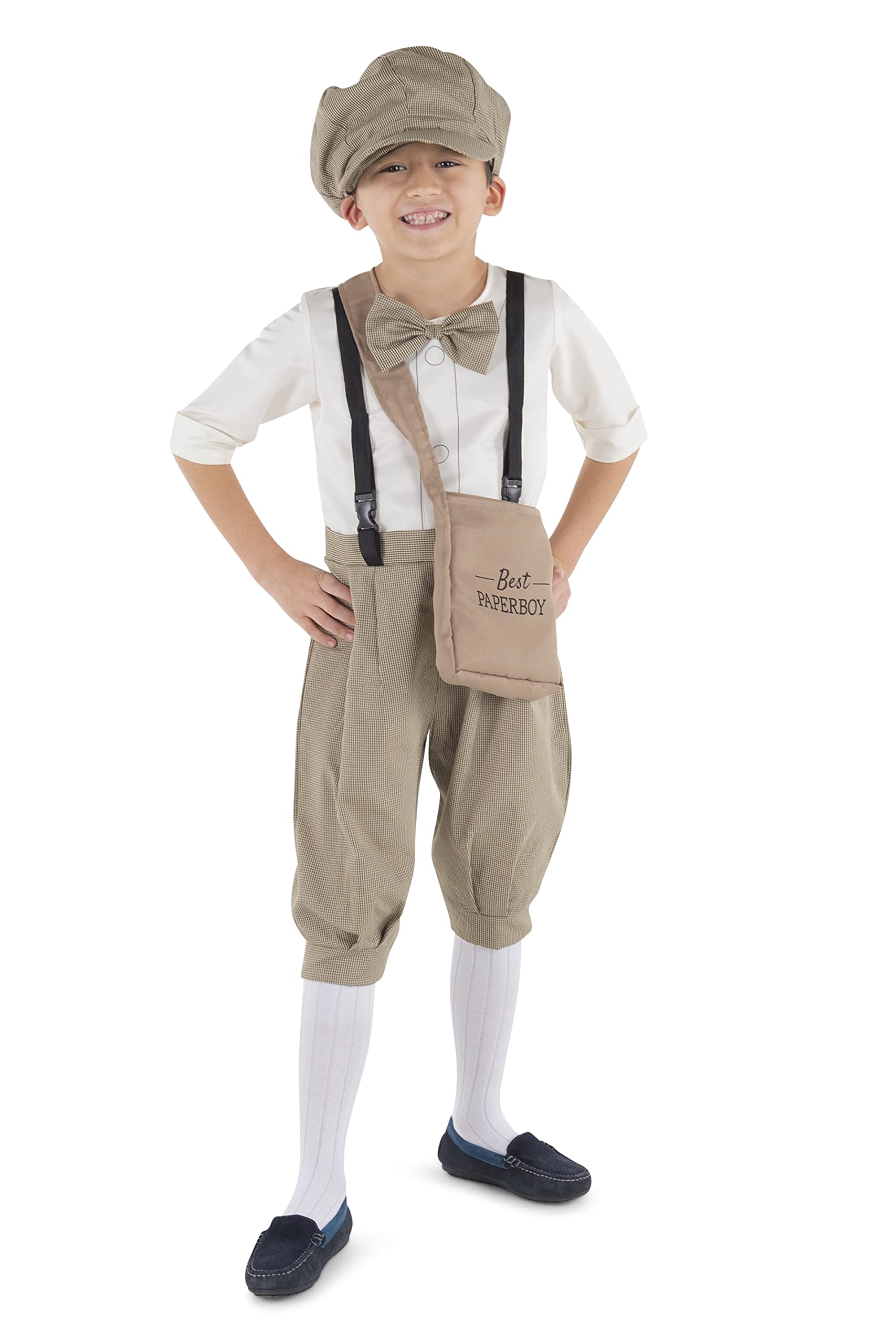 Dress Up America News Boy Costume For Kids - Vintage Paperboy Dress Up Set - Newsie Jumpsuit, Cap, and Bag