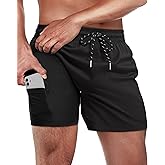 Gleeease 5inch Mens Swim Trunks: 2 in 1 with Compression Liner Lined Soft Stretch Quick Dry Solid Pockets Drawstring Beach