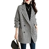 utcoco Womens Notched Lapel Pea Coat Double Breasted Blazer Jackets Houndstooth Woolen Blend Overcoat with Pockets