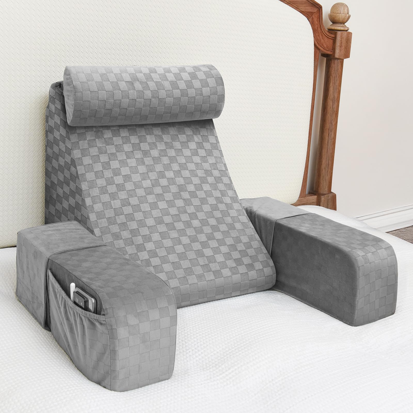 Photo 1 of Vekkia Reading Pillow,Back Pillow for Bed Sitting Up Adult,Backrest Support Pillow with Arm and Large Pockets,Rest Chair for Reading,Gaming,Relaxing,Working or Watching TV in Bed&Floor-19in Grey