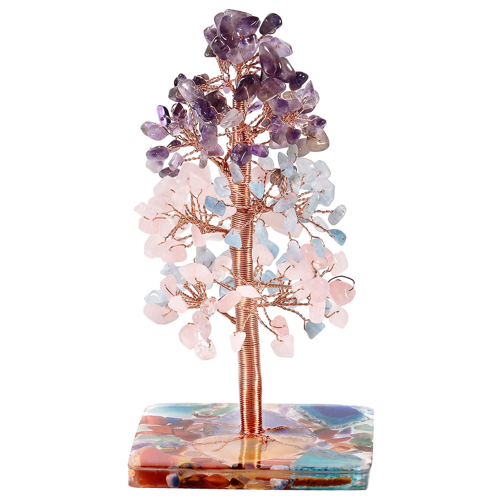 Nupuyai Amethyst & Rose Quartz & Aquamarine Healing Crystal Money Tree for Home Office Decor, Chip Stones Tree Good Luck Fengshui Ornaments Colourful Resin Base with Gift Box