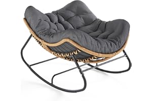 SWITTE Outdoor Rocking Chair, Oversized Patio Papasan Rocker, Comfy Wicker Reading Lounge, Indoor Egg Chair for Bedroom, Living Room, Porch, Garden, Lawn-Dark Grey