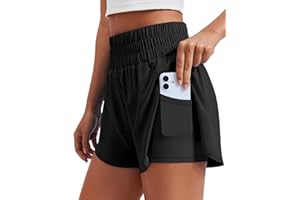 PINSPARK Women's 2 in 1 Running Shorts High-Split Athletic Short High Waisted 3" Liner Workout Gym Short with Pockets