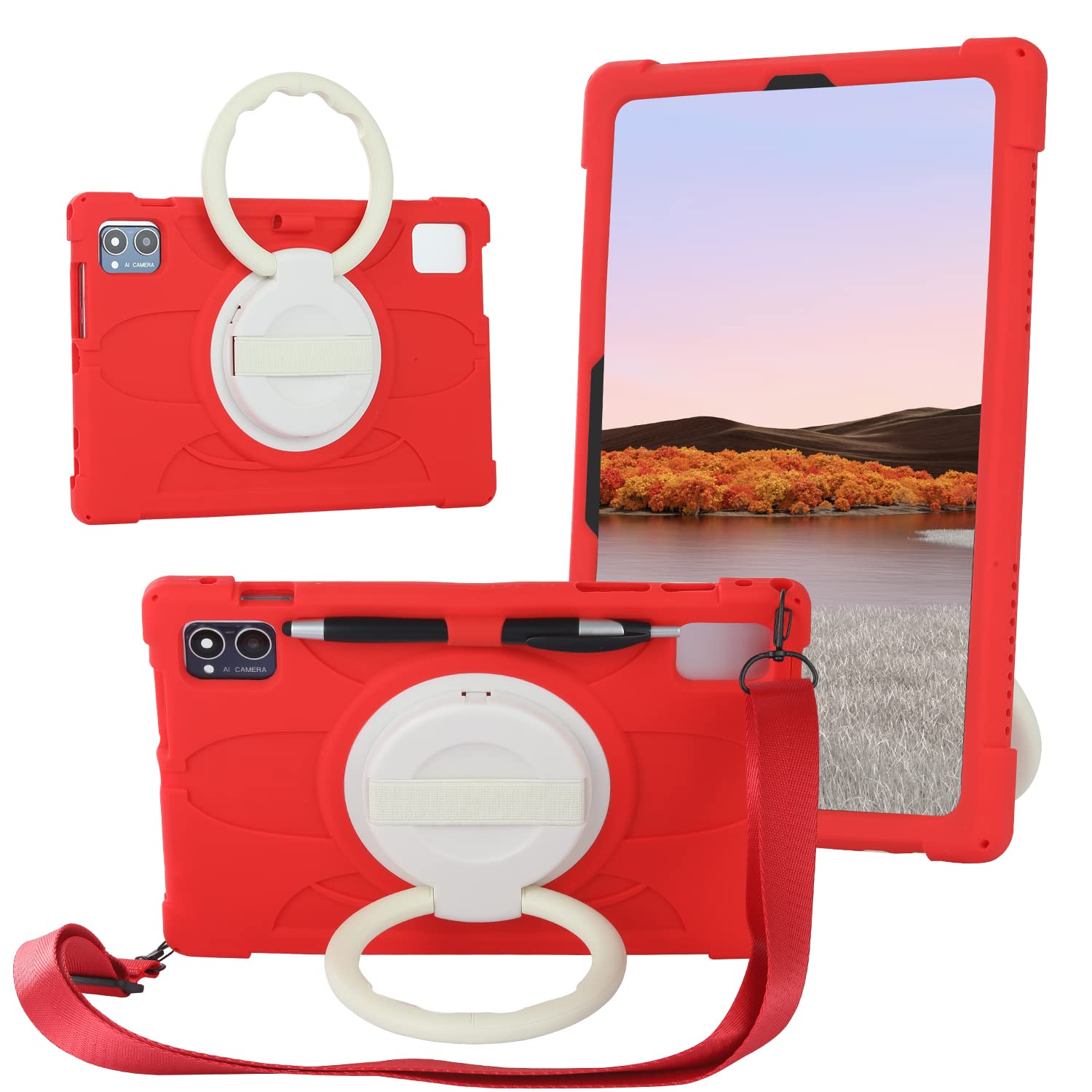 FKQLH Rotating Stand Soft Silicone Kids Friendly Protective Cover for Blackview Tab 13 /Blackview Tab 12 /Blackview Tab 7 10 Inch, Red