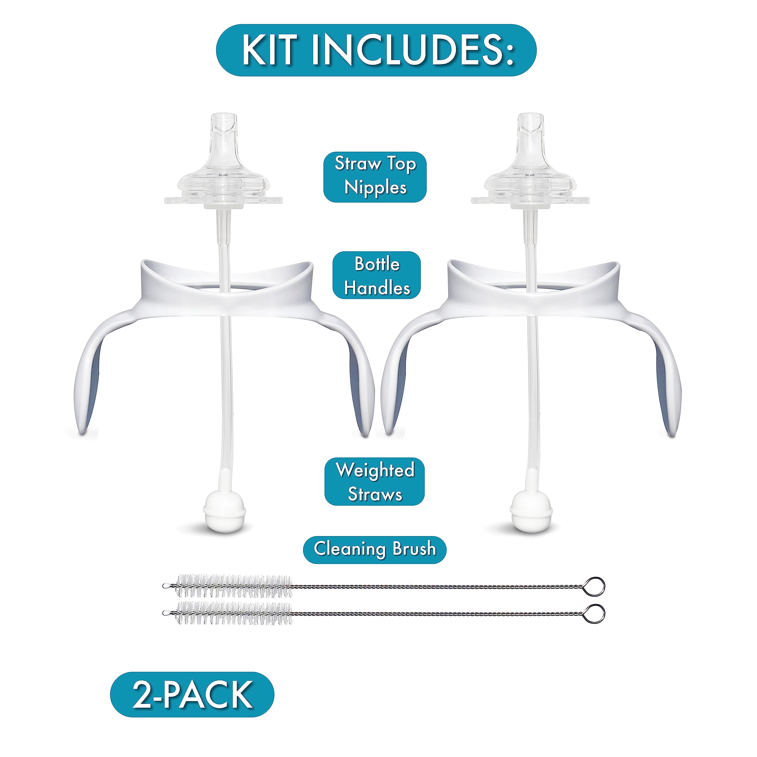Straw Cup Conversion Kit for Philips Avent Anti-Colic Baby Bottles 2-Count, Food Grade Silicone Straw Nipples, Weighted Straw, Bottle Handles and Straw Cleaning Brush, BPA-Free, 6+ Months (Straw Kit)