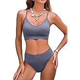 CUPSHE Women's Bikini Sets Two Piece Swimsuit Sporty Mid Rise Scoop Neck Adjustable Spaghetti Straps Textured Midkini