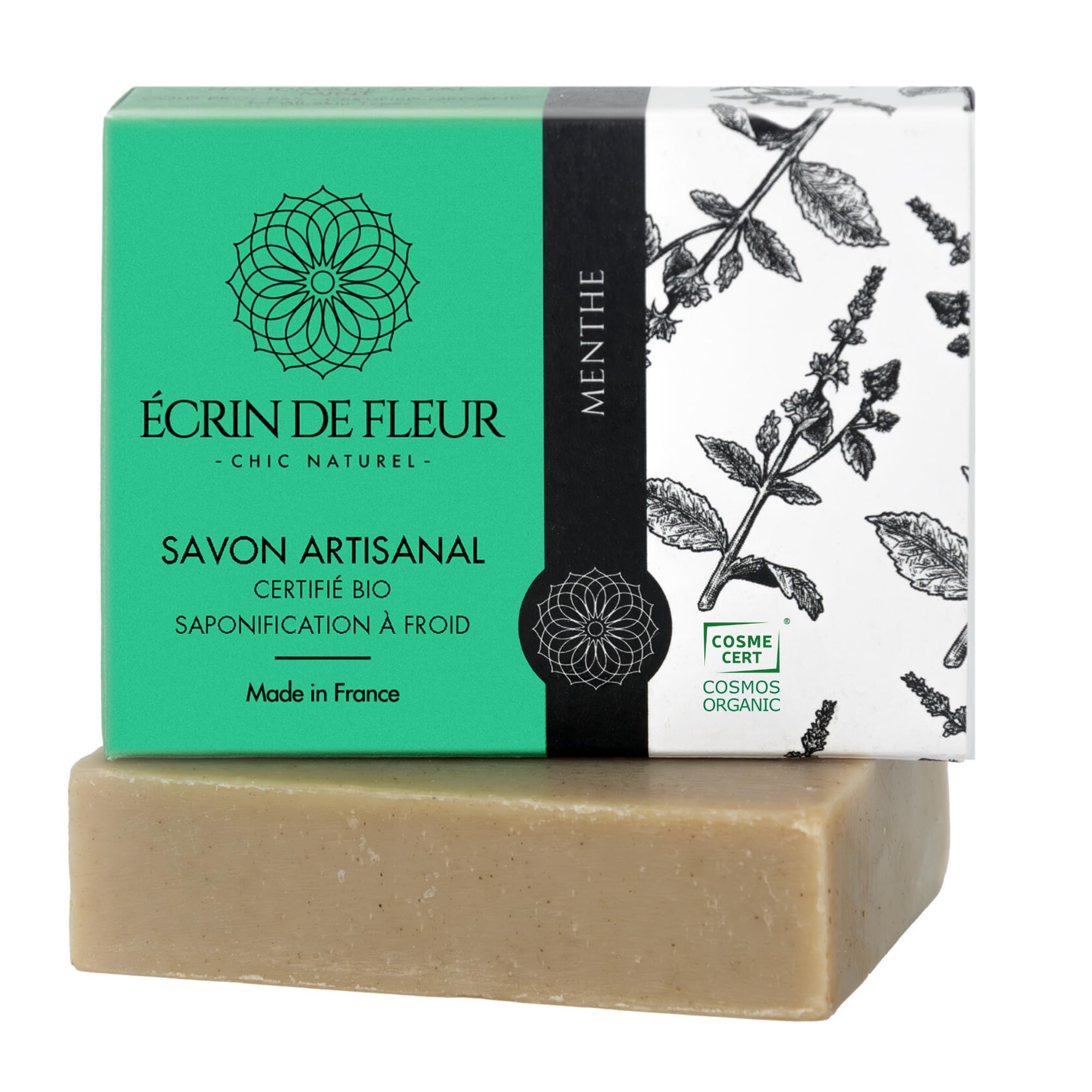 Écrin de Fleur – Organic Mint Soap for Men, COSMOS & Nature et Progrès Certified, Cold Process, Handcrafted in France, Peppermint & Citrus, 90g