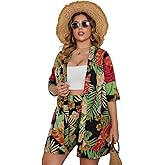 Floerns Women's Plus Size 2 Piece Outfit Tropical Print Kimono Top and Shorts Set
