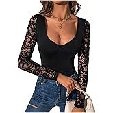 winkbay Women's Lace Long Sleeve Bodysuit Elegant Sweetheart Neckline Fall Going Out Leotard Tops