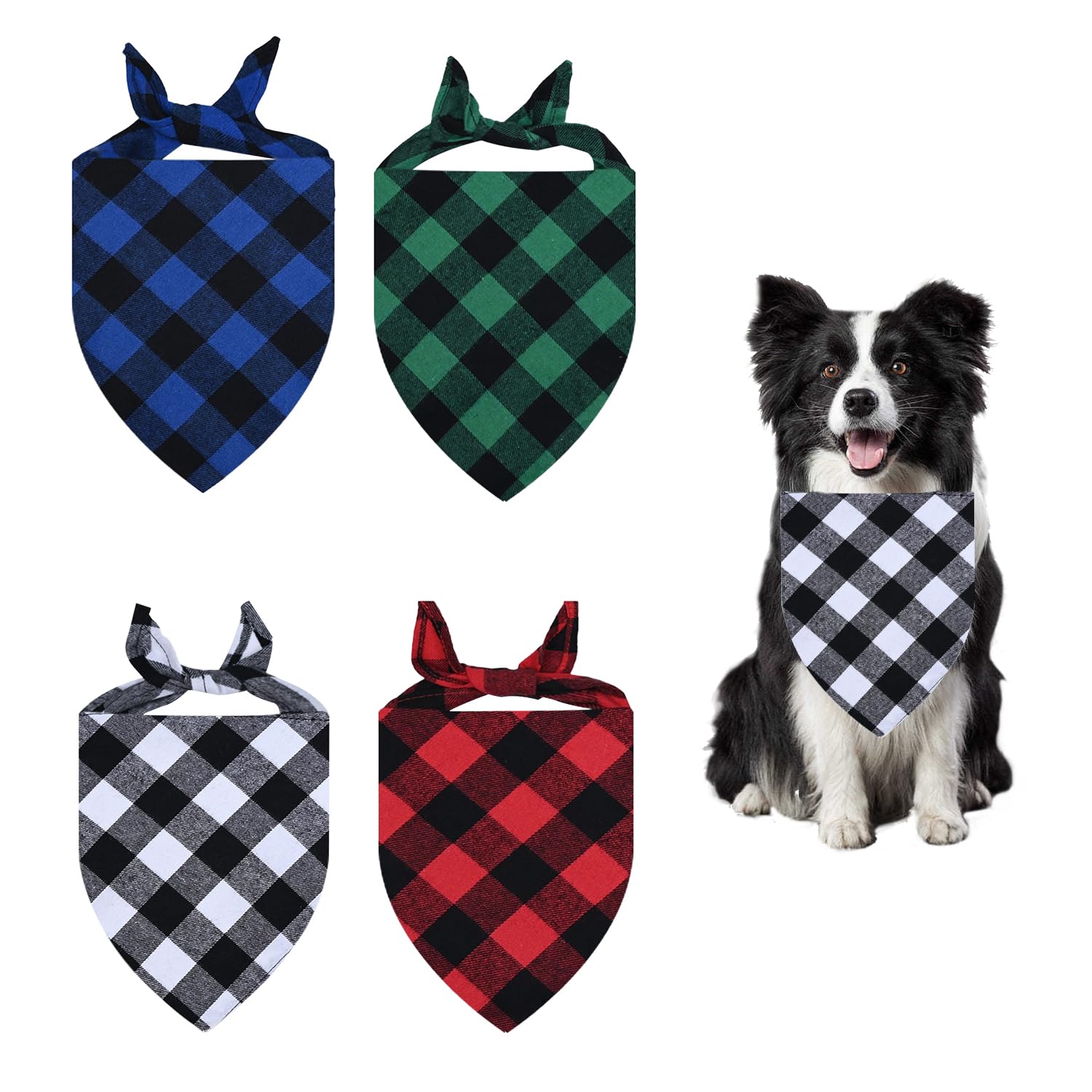 MFUOE 4-Piece Checkered Pet Bandana Set - Cotton, Multicolor, Unisex, Adult Dog Bandana - Unique Checkered Pattern - Holiday, Bohemian, Festive Theme - Pull On, Round Neck