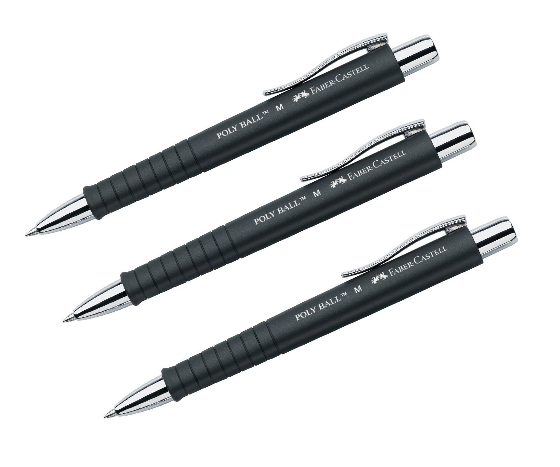Faber-Castell Poly Ball 241199 Ballpoint Pen 0.5 mm M Ergonomic Triangular Shape Non-Slip Barrel with Metal Clip Indelible Black (Pack of 3)