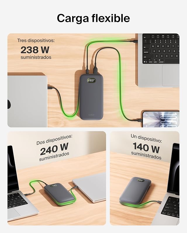 UltraCharge Pro Carregamento Rápido Bateria Externa de 27000mAh, Power Bank com Cabo USB C Integrado, USB PD e USB A de 240 W, Bateria Portátil para MacBook Pro, iPhone, iPad, Galaxy, Pixel, Cinzento Carvão