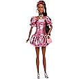 Barbie Deluxe Style Doll #6 in Metallic Coral Pink Dress with Bubble Hem, Black Hair in Ponytail, Accessories Like Sunglasses, Jewelry and Handbag