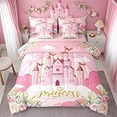Girls Princess Comforter Set 7 Pieces Reversible,Cartoon Castle Pink Bed Set,Dreamy Fairy Tale Bedding Soft Microfiber Full (1 Comforter,2 Pillowcase,2 Pillow Covers,1 Flat Sheet,1 Fitted Sheet)