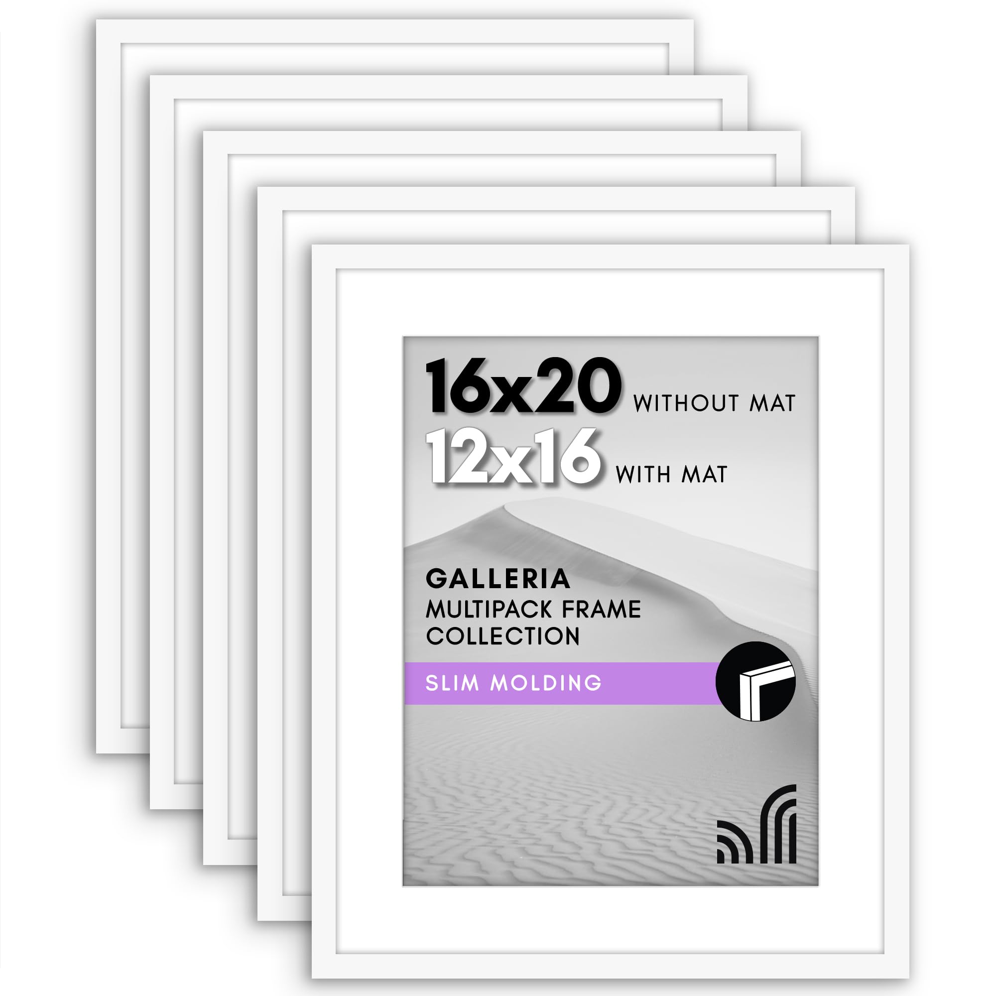 Americanflat 16x20 Picture Frame with Polished Plexiglass - Set of 5 - Use as 12x16 Frame with Mat or Display 16x20 Photo Without Mat - Galleria Collection - Picture Frames for Wall Display - White Image