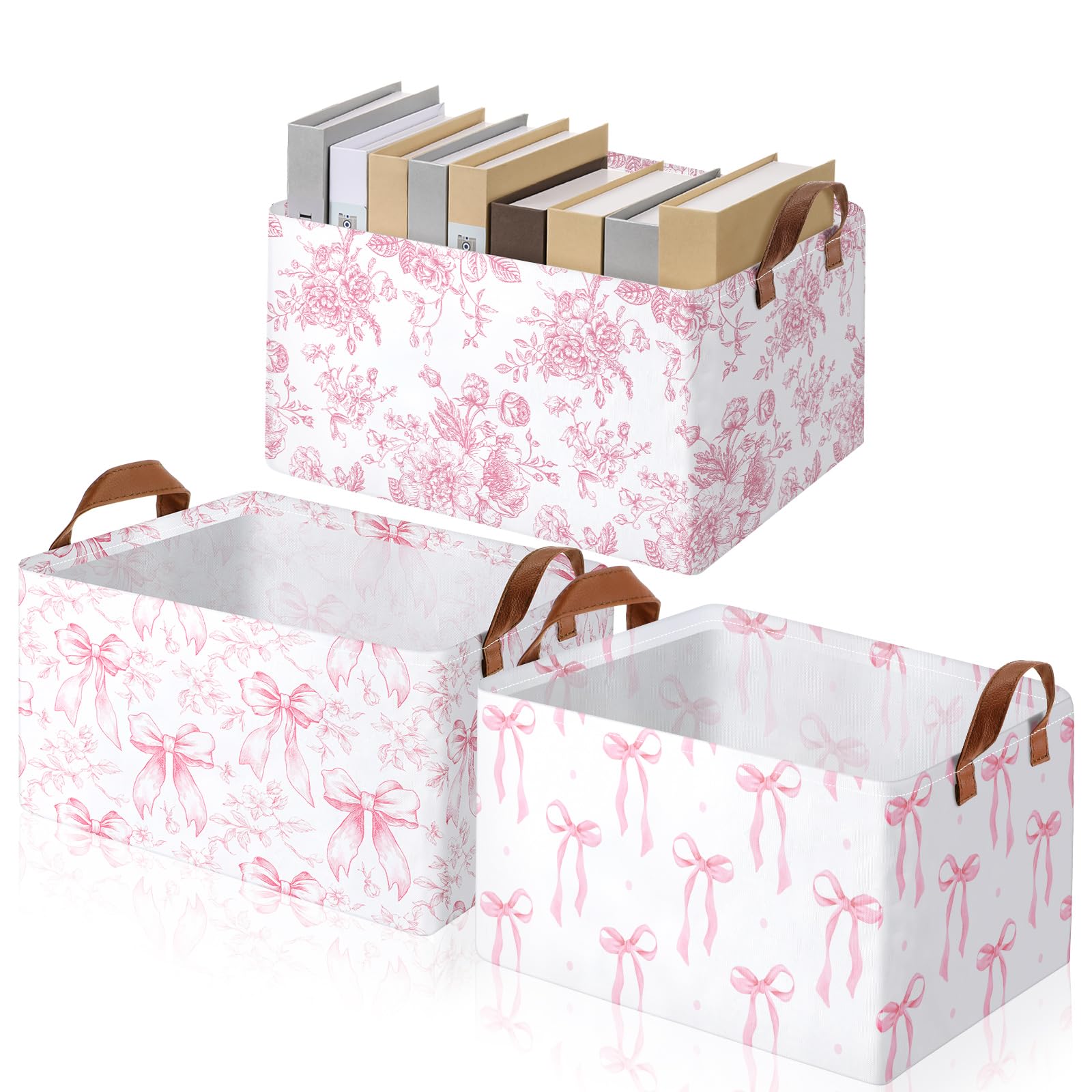 Photo 1 of Boao 3 Pcs Pink Bow Storage Bin Coquette Collapsible Large Storage Baskets for Gifts Empty Candy Holiday Decor Canvas Laundry Basket Foldable Box with Handle for Office Home Bedroom Clothes