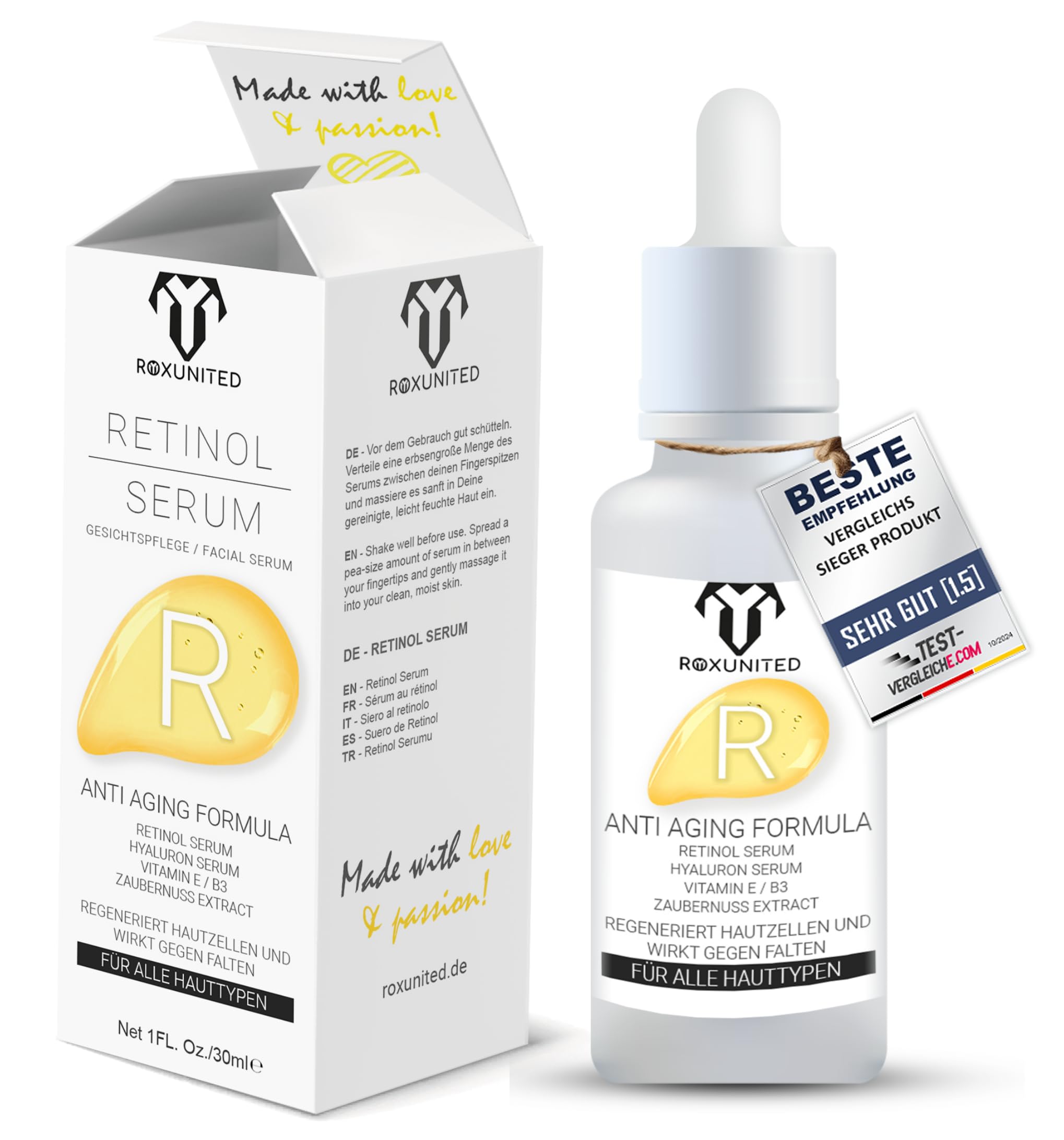 ROXUNITED Retinol Serum High Dose "Comparison Winner" Highly Concentrated Serum Face Anti-Ageing Vitamin C Vegan Hyaluronic Acid Against Wrinkles Natural Eye Circles (30 ml)
