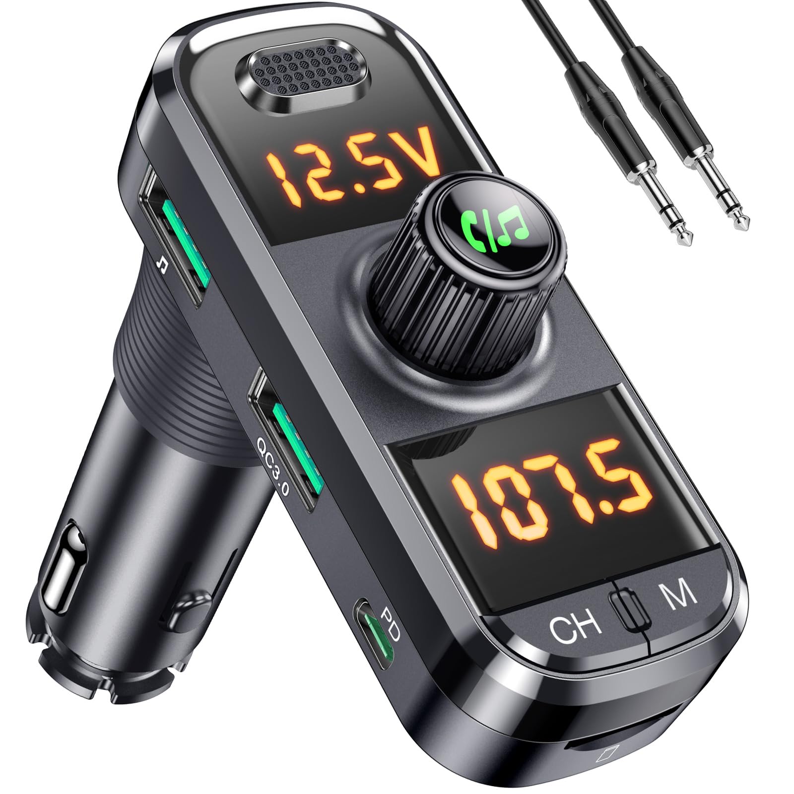 Bluetooth FM Transmitter for Car, PD3.0+QC3.0+USB Car Charger, Bluetooth Car Adapter with Rotatable Base,Handsfree Auto Kit Support Siri Google Assistant U Disk/TF Card/Aux