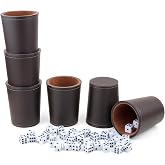 RERIVER Felt-Lined PU Leather Dice Cup Set, 6 Quiet Dice Shaker Cups with 36 Dices for Bar Party Yahtzee Farkle Dice Games, Coffee