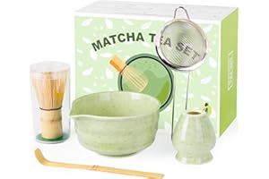 Dayacoco Matcha Whisk Set,Ceramic Matcha Kit Set Includes Bowl with Spout, Whisk,Holder,Bamboo Scoop and Sifter,5 pcs Matcha Tea Kit for Matcha Lovers, Ideal Gift Christmas, Birthday (Green)