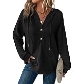 BLENCOT Hoodies for Womens Waffle Knit Button Long Sleeve Drawstring V Neck Casual Pullover Sweatshirts Hooded Blouses