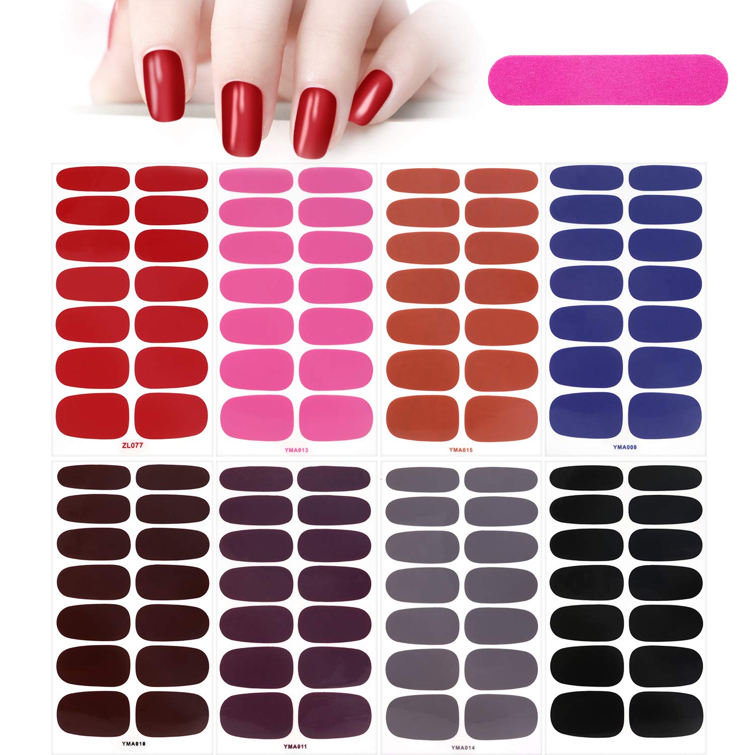 MWOOT 8 Sheets Solid Color Full Wraps Nail Stickers With File, Self-Adhesive Art Polish Strips, Decals for DIY Manicure Tips Decoration