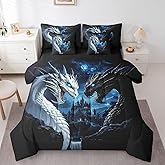 3D Dragon 7Pcs Comforter Set King,Black and White Dragon Bedding Set,Moonlight Castle Fitted Flat Sheet,Kids Boys Teens Adult Room Decor,Magical Western Wild Animals 2 Pillow Cover,2 Pillowcases