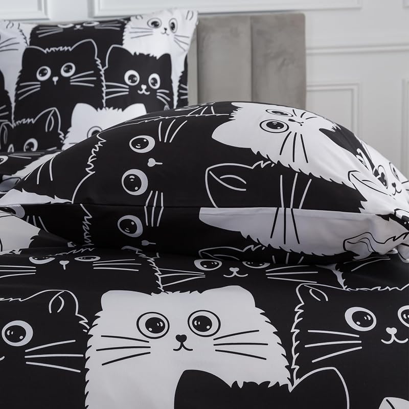 Bettwäsche 155x220 2teilig Bettbezug - Süß Schwarz Weiß Katzen Muster Bettwäsche-Set 155 x 220 cm und 1 Kissenbezug 80x80cm mit Reißverschluss, Weich Leicht Mädchen Kinderbettwäsche — Foto 7 von 8