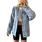 WDIRARA Women's Oversized Jean Jacket Long Sleeve Button Down Denim Jackets Streetwear Light Wash Large