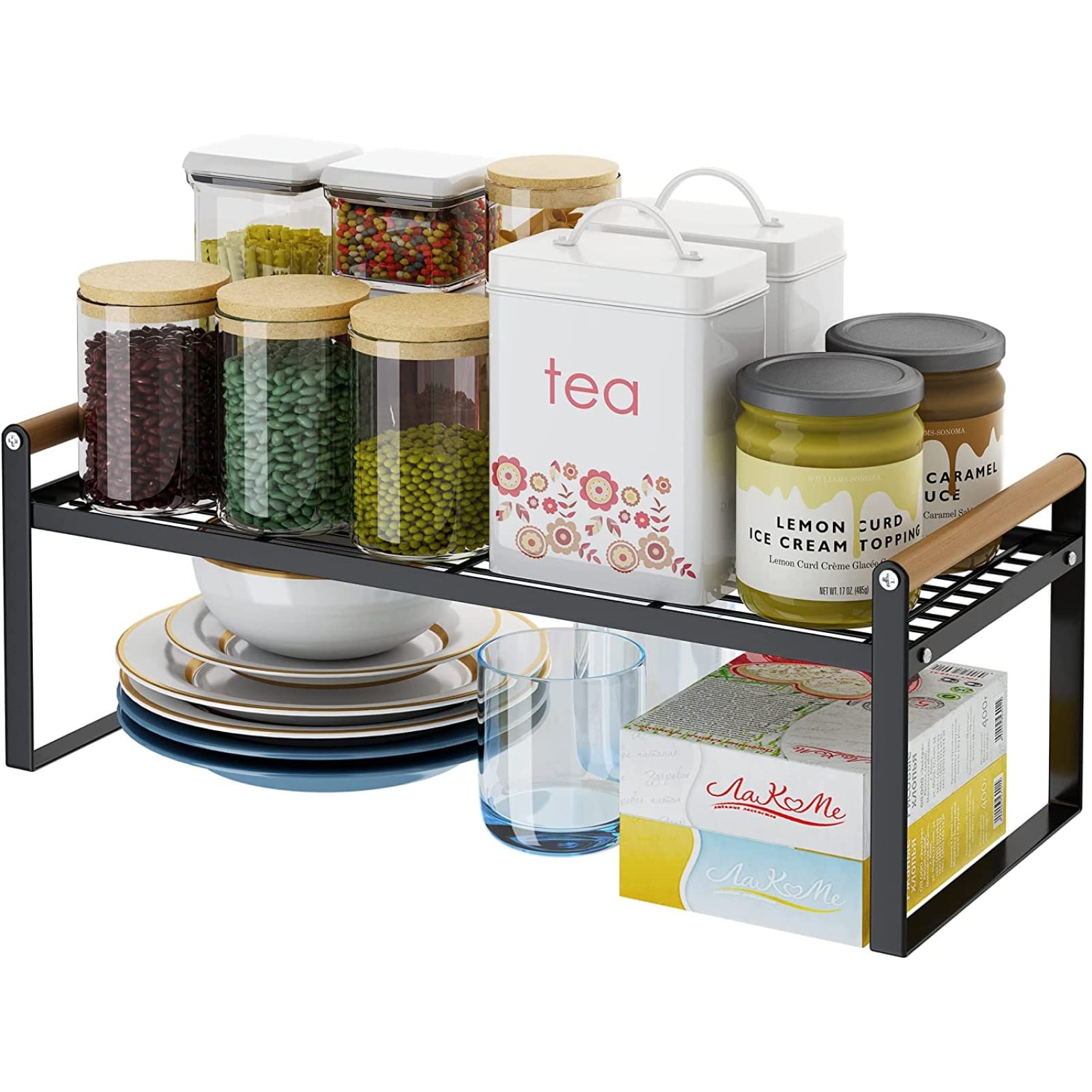 HGYZE Cabinet Shelf 32(L) x21cm, Stackable Kitchen Counter Rack Organizer 20cm Deep, Kitchen Riser Shelves, Countertop Storage Pantry Durable Metal Sink Shelf, Black