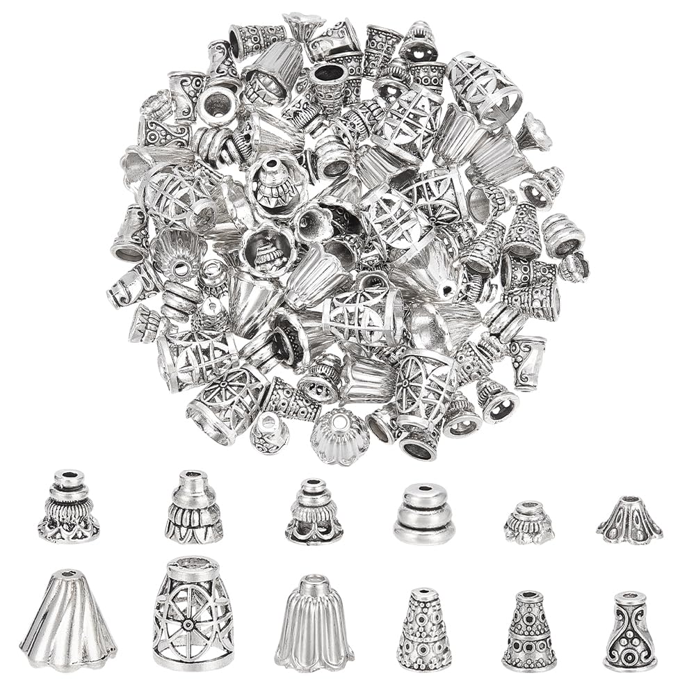 PH PandaHall 120pcs 12 Styles Bead Caps, Flower Cone End Cap Alloy Bead Cap Bails End Charm Caps Spacer Beads for Earring Bracelets Necklace Jewelry DIY Crafts Making, Antique Silver
