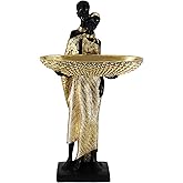 Lescafita Handmade African Couple Sculpture - Gold Tribal Standing Figure with 7.8" Basket, Resin Home Decor for Shelves/Tables, Cultural Gift for Small Items (14.5" H)