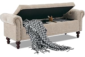 SOFTHION 58.1'' Storage Bench Upholstered Chenille End of Bedroom Bed Bench Ottoman with Tufted Cushioned Rolled Arm Large Storage Space for Reading Living Room Entryway, Light Brown