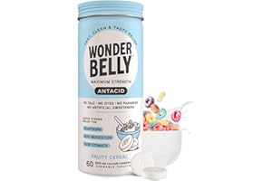 Wonderbelly Antacid, Effective Heartburn and Instant Acid Indigestion Relief, Extra Strength Chewable Tablets, 1000 mg Calcium Carbonate, No Talc or Dye, Fruity Cereal, 60 Count