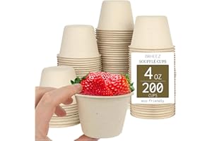 brheez 4 oz - Pack of 200 Disposable Bagasse Fiber Souffle Cups 100% Natural, Biodegradable & Compostable Perfect for Condiments, Small Portion & Samples Eco Friendly Paper Alternative - Natural