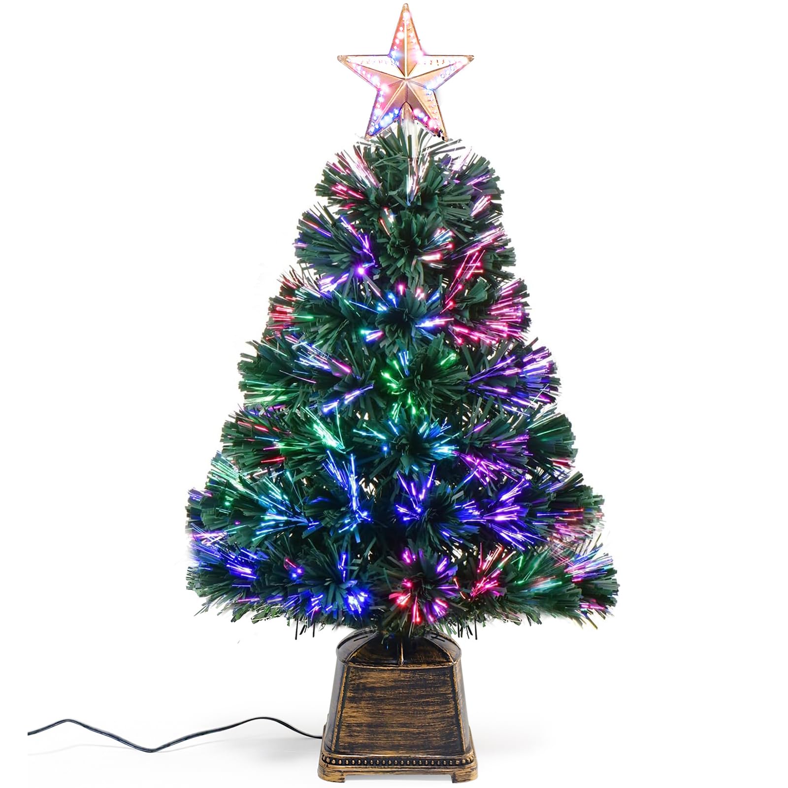 Photo 1 of 24 inch Green Fiber Optic Christmas Tree, Pre-Lit Artificial Mini Christmas Tree, 2ft Tabletop Small Xmas Tree with Gold Base Pot with Stars for Holiday Home Decorations