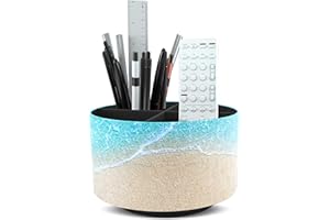 Hennaja Round Leather Art Supply Organizer,Remote Control Holder,360 Degree Rotating,Multi-Functional Pencil Holder,4 Compartments Desktop Stationary Organizer(1-Sandbeach)