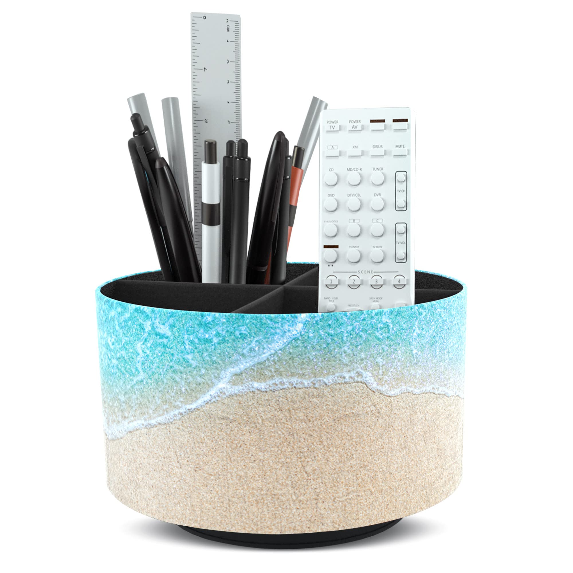 Czzmy Round Leather Art Supply Organizer,Remote Control Holder,360 Degree Spinning,Multi-Functional Pencil Holder,4 Compartments Desktop Stationary Organizer(1-Sandbeach)