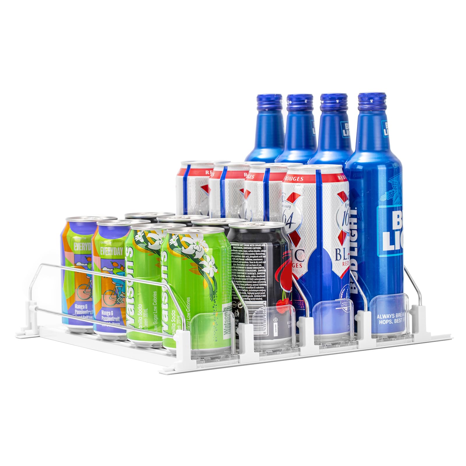 Photo 1 of Rula Drink Organizer for Fridge, Self-Pushing Soda Can Dispenser for Mini Refrigerator, Width Adjustable Water Bottle Pusher Glide, White, 4 Rows,12.2” D