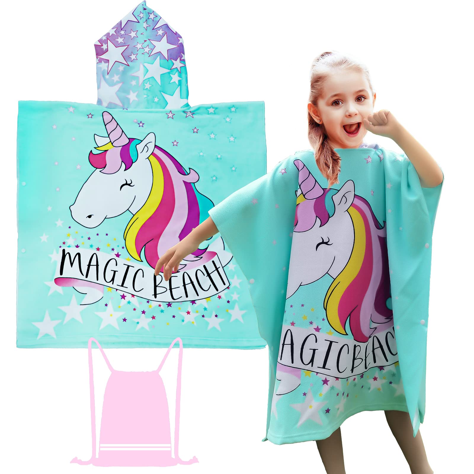 FILOWA Beach Hooded Towel for Girls,Microfibre Poncho Towel Swimming Surfing Shower Bath Towels Soft Lightweight Absorbent Wearable Travel Wrap Robe for Childs Kids Teenager 6-14 Years, Blue
